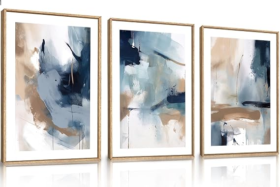 CHDITB Large Abstract Navy Blue Framed Canvas Wall Art,Neutral Brush Stroke Wall Decor,Modern Pastel Brown Wall Painting,Minimalist Shapes Artwork for Living Room,Bedroom,Office(40x60cm)