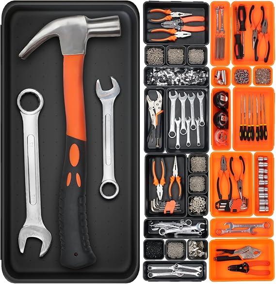 91 Pack Tool Box Organizer Tool Tray Dividers, Toolbox Drawer Organizers Storage Trays for Rolling Tool Chest, Work Bench Cabinet Bins, Parts Screw Nut Bolt Small Tools Organization - Black & Orange