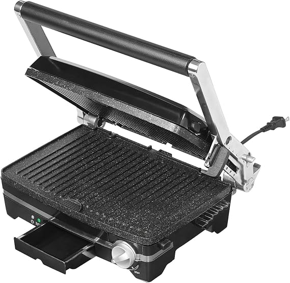 Starfrit The Rock Panini Press, Reversible Plates, 180, Adjustable Heat | Rock.Tec non-stick. Reversible plates. Opens 180. Adjustable heat. Ideal for paninis, grilling & searing.
