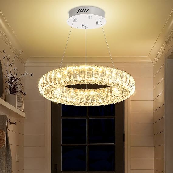 Modern Crystal Ring Chandelier Dimmable LED 15.7" Ring Pendant Light Adjustable Round Chrome Crystal Chandelier Light Fixtures for Dining Room Living Room