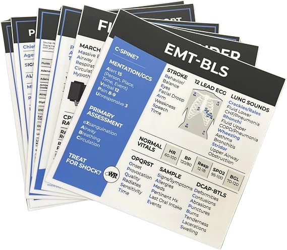 EMT-BLS Medical Reference Stickers (5 Stickers) - First Responder, BLS/EMT + Pediatrics Assessment, Notes + Patient Report - Study Material + Notes - 6x6-inches