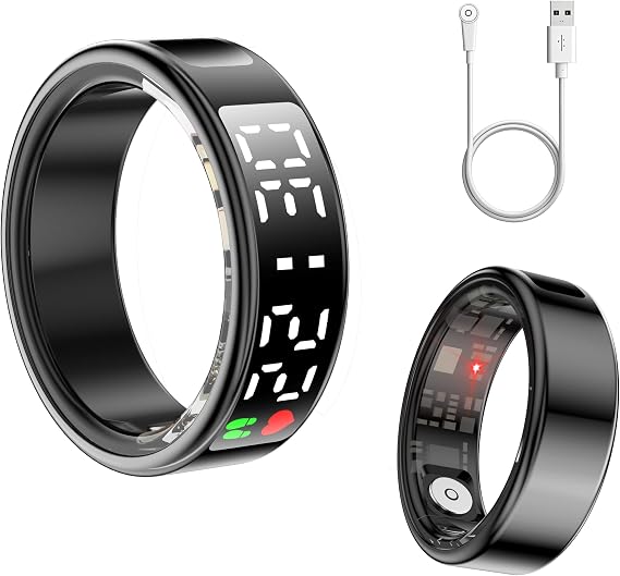2025 Smart Ring for Women and Men with Display Screen, IP68 ultrahuman ring air, Bluetooth Health Ring iOS/Android, Activity Tracker/Heart Rate/Blood Oxygen/Sleep (Black&Magnetic Charging Cable, 11#)