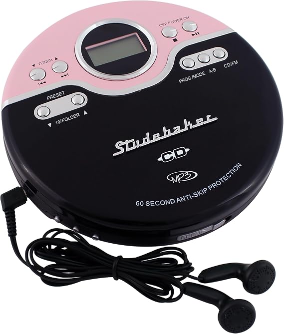 Studebaker SB3703PBB Joggable Personal CD/MP3 Player with FM PLL Radio - Pink & Black