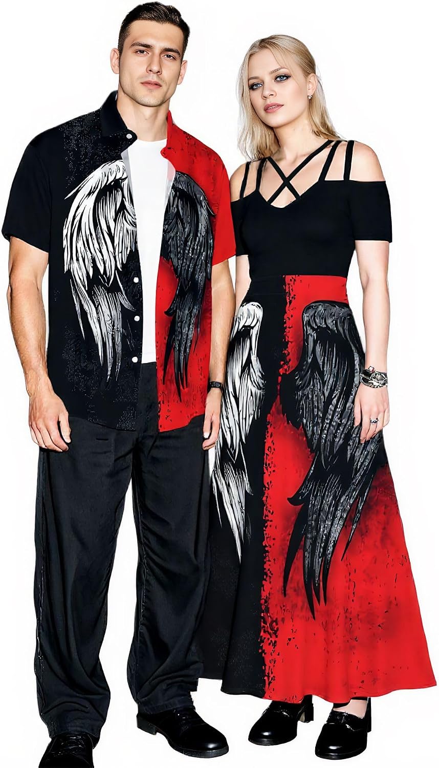 Rosegal Matchable Couple Hawaiian Coconut Tree Print Shirt or Plus Size Midi Cold Shoulder Dress