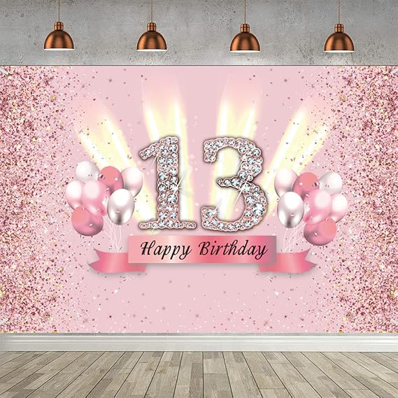 13th Birthday Decorations for Girls Backdrop Banner Party Deco Girl 13 Years Old Anniversary Party Fabric Sign Poster Pink Photo Background 13th Birthday Party Supplies, 59"x35.4"