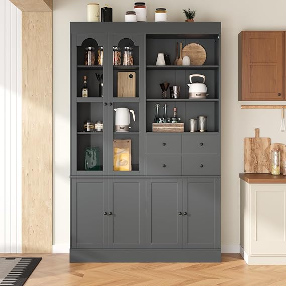 75" Farmhouse Kitchen Pantry Cabinet with 4 Drawers,Freestanding Hutch with Door Shelves and Pull-Out Trays for Dining Room, Living Room (Gray-@R1)