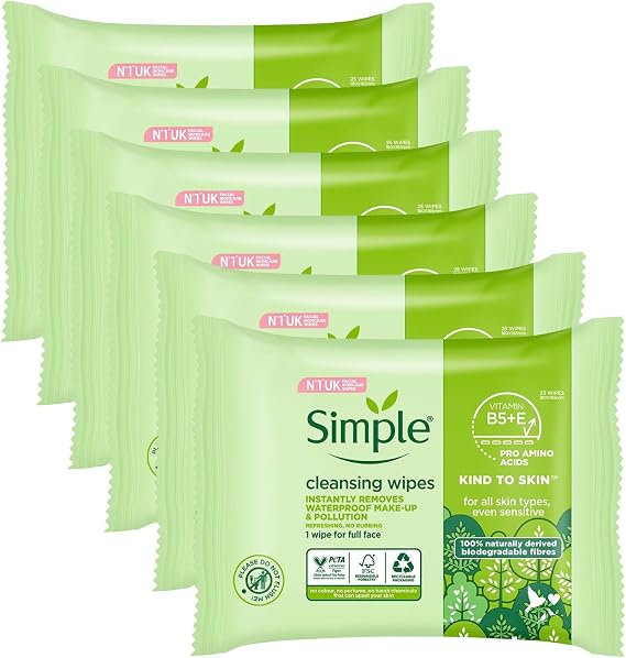 Simple Kind to Skin Cleansing Facial Wipes, 25 Count (Pack of 6)