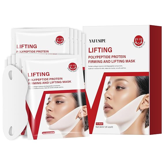V Line Face Lifting Mask, 10 Sheets V Line Chin Strap Lifting Double Chin Reducer, Polypeptide Protein Collagen Neck and Face Slimming Masks, Hydrating Neck Sheet Mask for Women Tightening