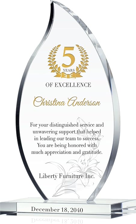 Personalized Crystal Flame Shaped Employee Recognition Award Custom Engraved Corporate Service Trophy with Name & Date for 5, 10, 15, 20+ Year Milestones (M - 7.5")