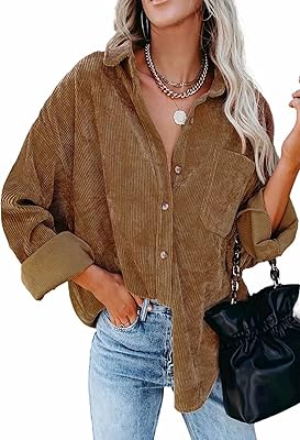 QPQ Womens Corduroy Shirts Button Down Boyfriend Long Sleeve Oversized Blouse Tops