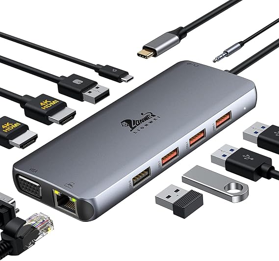 Laptop Docking Station Dual Monitor LIONWEI USB C Hub to 3 Monitor, 11-in-1 | Dual HDMI+VGA, 4K, 10Gbps, 100W PD, Ethernet, Audio, 6 USB C/A Ports, USB C Dock for MacBook/Dell/HP/Lenovo