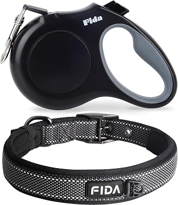 Fida Retractable Leash with Reflective Nylon Dog Collar for Small Breeds S, Black