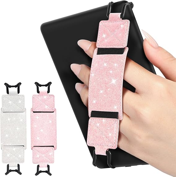 MoKo 2 Pack Hand Strap for 6-8" Kindle eReaders Tablets, Shiny Pink White