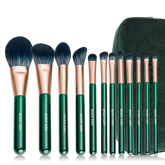 ENZO KEN Natural Fiber & Goat Hair Makeup Brush Set Professional, Combined Hair Makeup Brushes Set with Case, Green Cosmetic Brushes Makeup Set, Natural Makeup Brushes, Natural Bristle Makeup Brushes.