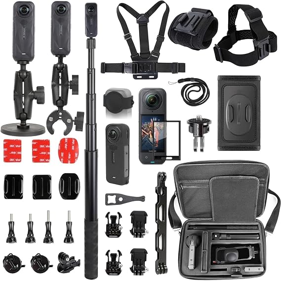 PellKing Accessories Kit for insta360 X5,Included Carrying Case with Belt,Aluminium 1/4" Adapter,Handlebar Clamp,Magnetic Mount,43in Selfie Stick,Chest Strap,Head Strap,Backpack Mount,and Others