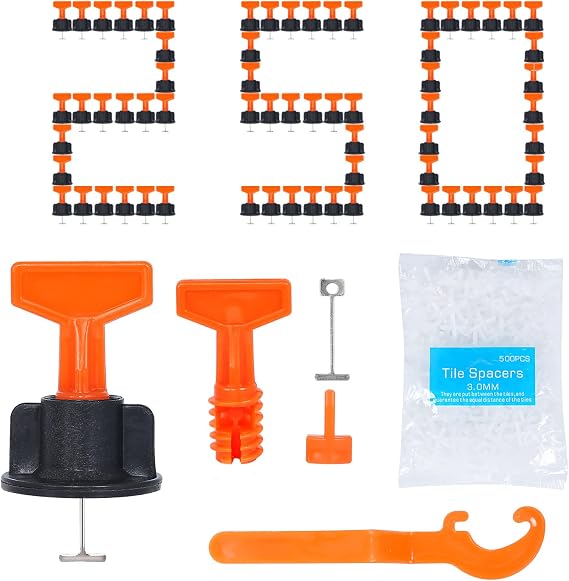 250pcs Tile Leveler Spacers and 1000PCS 3mm Tile Spacer, Reusable Tile Leveling System 1/16 Kit with 5pcs Special Wrench and 20pcs Steel Pins, Tile Installation for Building Walls & Floors(1/8IN 250)