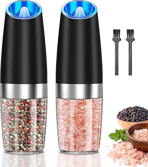 Electric Salt and Pepper Grinder Set, Automatic Pepper Mill Grinders with Adjustable Coarseness, LED Light, Battery Powered Salt Shakers One Hand Operation, Large Capacity for Home Kitchen (Black)