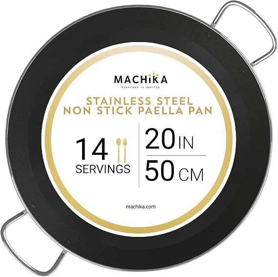 Machika Stainless Steel Pan with Non-Sticking Surface | Cooking Pan | Large Skillet Perfect for Preparing Mediterranean Food | Sandwich Bottom | 14 Servings | 20 inches |