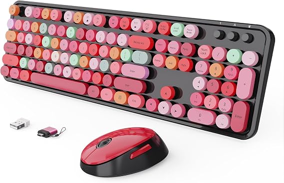 Wireless Keyboard and Mouse Combo, Ergonomic Full Size Typewriter Retro Round Keycaps Keyboard, Compatible with Windows, PC, Perfer for Home and Office Keyboards (Red