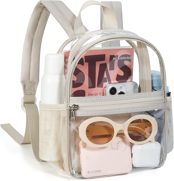 Missnine Mini Clear Backpack for Stadium Events, Small Clear Bag Stadium Approved PVC for Festivals, Concert Sport Events (Classic, Khaki-Classic)