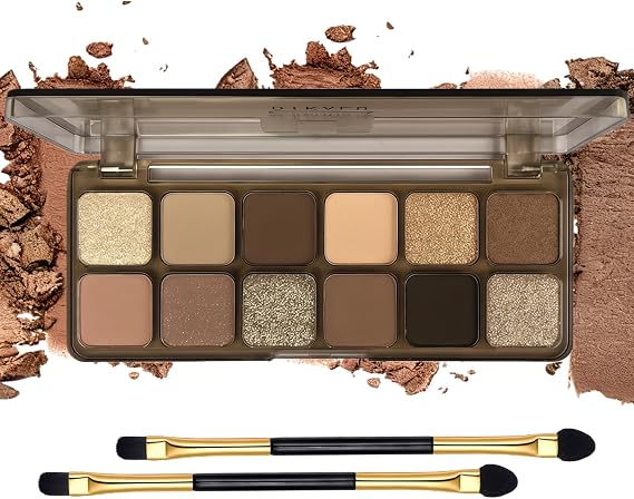 Brown Eyeshadow Palette-12-Color Matte Eyeshadow with Nude & Gold & Dark Brown Shades, Highly Pigmented, Waterproof & Long-Lasting, Includes Brushes for Easy Application, 1PCS