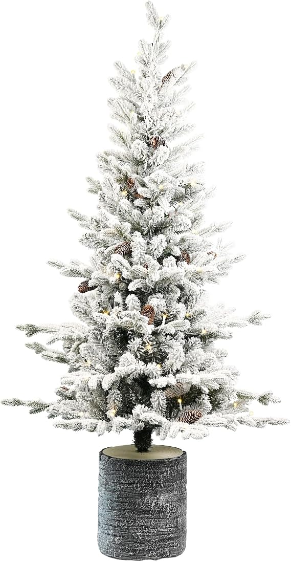 6.5FT Pre-lit Potted Snow Flocked Christmas Tree, Frosted Artificial Christmas Tree with 350 Warm White LED Lights, 1386 PE/PVC Branch Tips and 19 Pinecones for Holiday Decoration