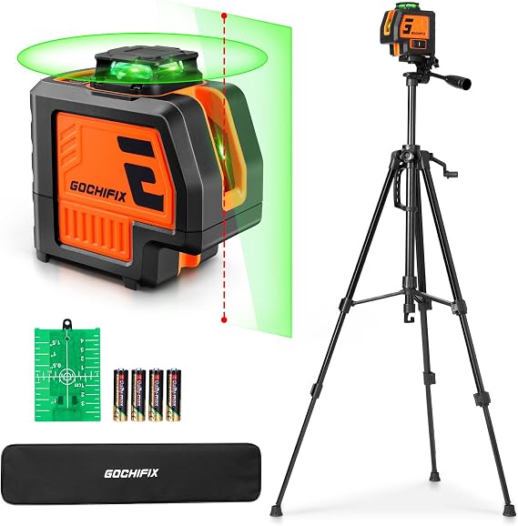 GOCHIFIX 360 Laser Level with Tripod 5 Lines Laser Level 2 Plumb Dots Self Leveling Green Line Laser Level Tool for Construction, Floor Tile Included Target Plate, Battery, Carry Bag, Black + Orange