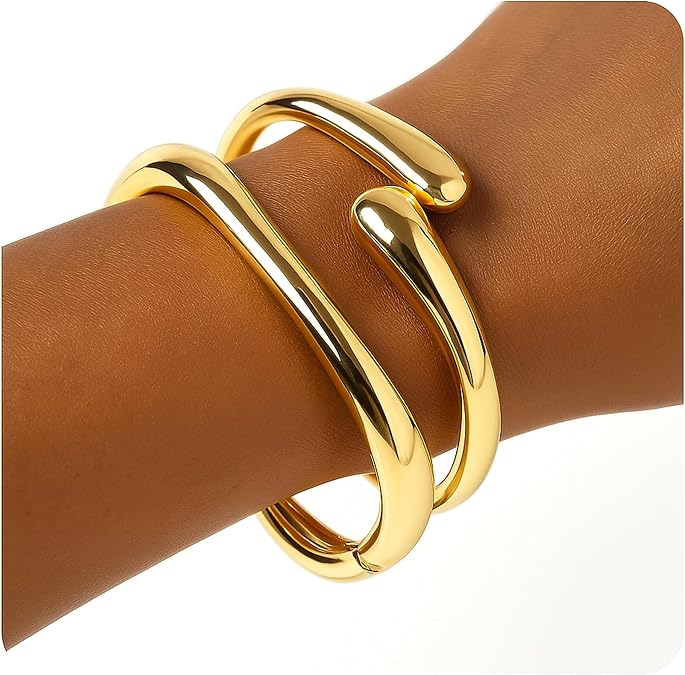PEALICIOUS Gold Silver Chunky Bracelet for Women Girls 2Pcs 7in Arm Cuff