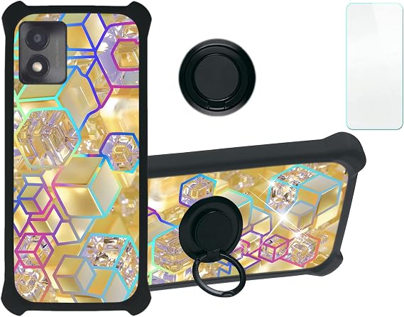 jioeuinly Case for Qilive Smartphone Q2-22 5.5 Pouces Phone Case Cover [with Tempered Glass Screen Protector][Hard PC + Soft Silicone][Ring Support] [Colorful Reflect Light] IMDH-HSJ