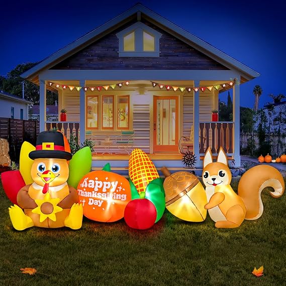 8FT Thanksgiving Inflatables Outdoor Decoration Inflatable Turkey Squirrel Pumpkin, Built in LED Lights Blow Up Yard Decorations for Fall Holiday Party Garden Lawn Decor