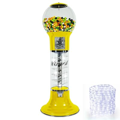 Gumball Machine Original Spiral with LED Light Rope - 4`10 Height - Set Up for $0.25 - Dispenses 1 Gumballs, Bouncy Balls & Toys in Round Capsules - Spin & Drop Vending Machines - Yellow
