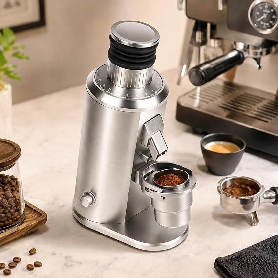 Espresso Grinder with 58mm Portafilter Fork - 80mm Flat Burr Coffee Mill, 0-100 Stepless Adjustment, Variable Speed and 70g Bean Hopper Silver