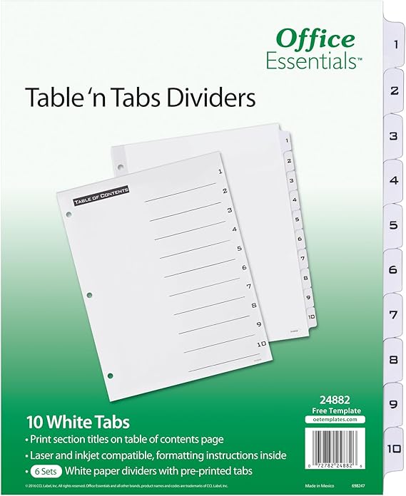 Office Essentials Table 'N Tabs Dividers, 8-1/2 x 11, 1-10 Tab, Black/White Tab, Laser/Inkjet, 6 Pk (24882)
