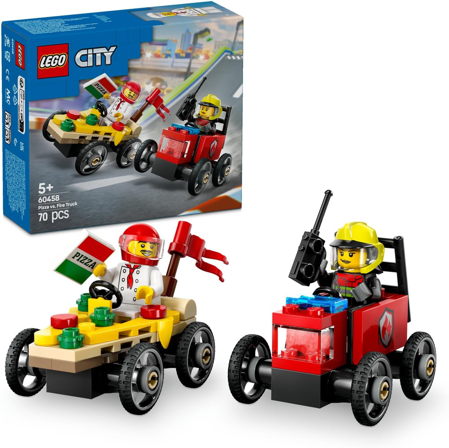 LEGO City Pizza Cart Racing Car Pack Against Fire Truck Creative Toy Making Set for Kids 60458-5 Years and Over, Birthday Gift 70 Pieces