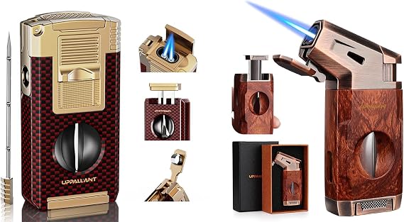 5-in-1 Torch Lighter with Cutter, Punch, Holder, Draw Enhancer Tool and Dual Jet Flames, Refillable Butane Torch Lighters Gifts for Men, Versatile Accessories, Windproof Lighters for Candle, Travel