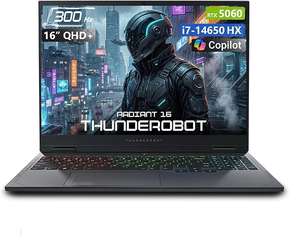 Thunderobot Radiant 16 16" Gaming Laptop, QHD+ 2.5K 300Hz Screen, GeForce RTX 5060, Core i7-14650HX, 16GB DDR5, 1TB SSD, RGB Backlit Keyboard, Wi-Fi 6, Windows 11 Home