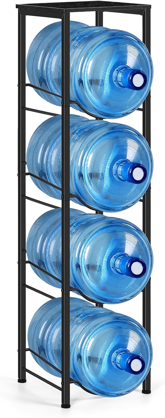 BTY Water Jug Rack 5 Gallon Water Bottle Holder with Storage Shelf 4 Tier Heavy Duty Water Jug Organizer Stand for Home Office Kitchen Living Room Breakroom, Black