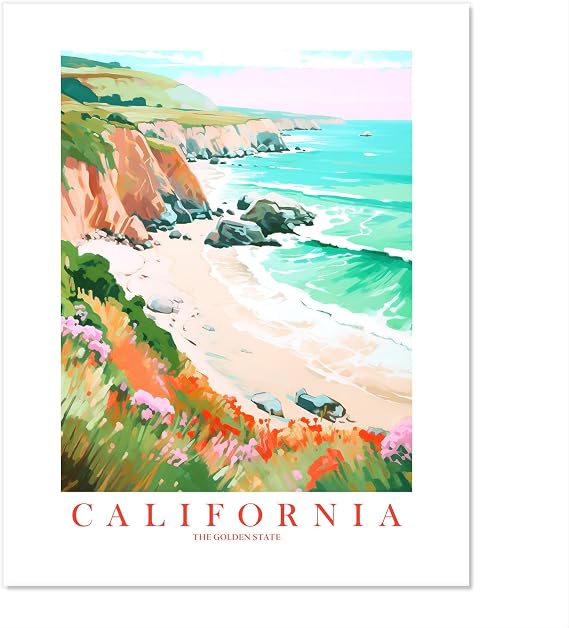 ColorAndFlair California Travel Print Golden State Teal Orange Pink Wall Art Pacific Coast Landscape Poster Big Sur (11x14 inches)