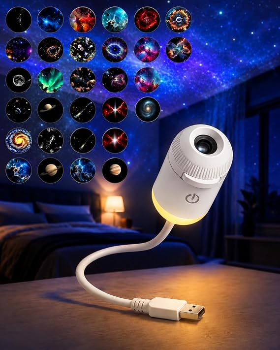 HD Smart Dynamic 5D Holographic Night Light Projector, Starry Sky Galaxy Projection Lamp with 360 Flexible Gooseneck, Touch Control Dimmable Star Projector for Bedroom (6 Projection Films)