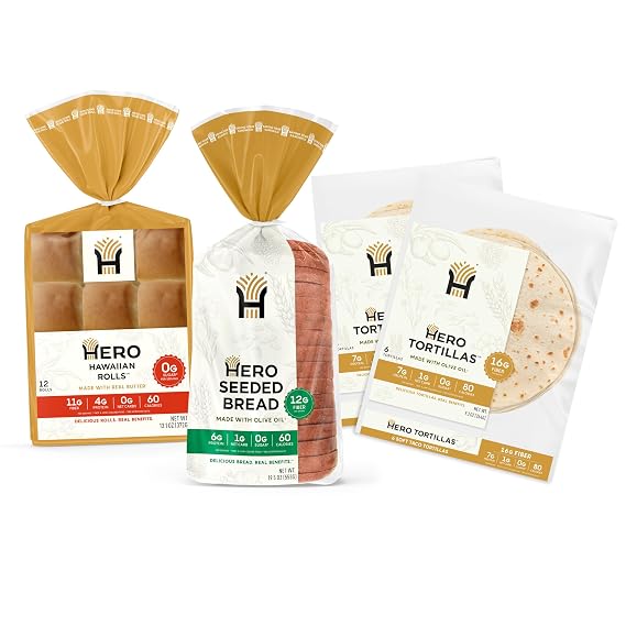Hero Bread Hero Hits Bundle 0g Net Carb Hawaiian Rolls, Tortillas & 1g Net Carb Seeded Bread | 0g Sugar, High Fiber, 100 Calories per serving | Net Low Carb & Keto-Friendly
