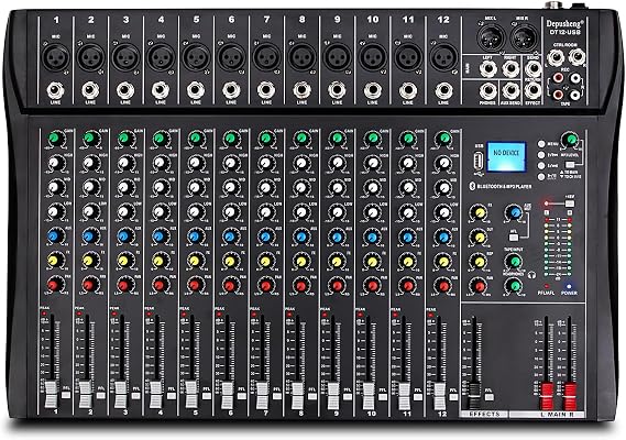 Depusheng DT12 Studio Audio Mixer 12-Channel DJ Sound Controller Interface w/USB Drive for Computer Recording Input, XLR Microphone Jack, 48V Power, RCA Input/Output for Professional and Beginners