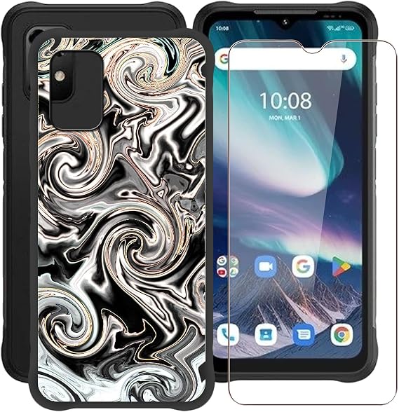 Phone Case for Umidigi Bison X20 (6.53"), with [1 X Tempered Glass Screen Protector], Ultra-Thin Soft Silicone Skin, Black Shockproof Bumper Cover for Umidigi Bison X20 - Ink Swirl