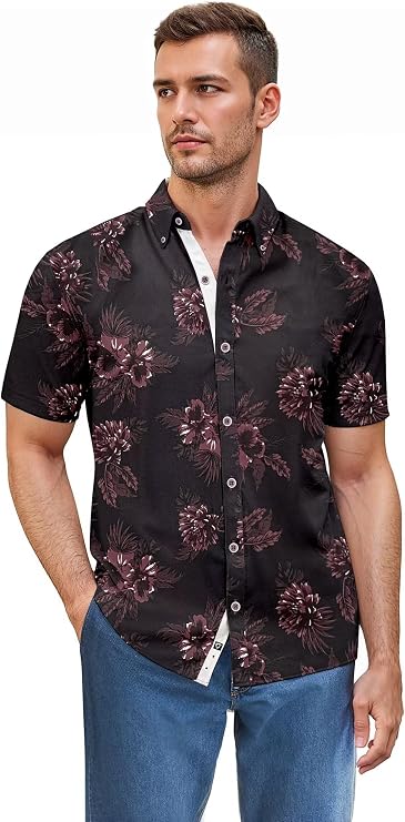 ETHANOL Men's Slim Fit Short Sleeve Shirt | Performance woven fabric, wrinkle resistant, classic slim fit, printed design, suitable for work, travel, and casual wear