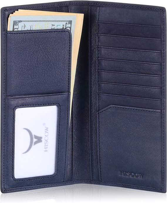 HISCOW Full Grain Leather Slim Long Wallet for Men, Aniline Blue