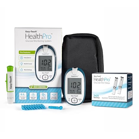 HealthPro Blood Glucose Monitoring System by EasyTouch and Diabetic Test Strips, Variety Pack of 1 - Includes Meter with Backlit Display, Strip Ejector, Lancing Device, 10 Lancets & 50 Test Strips