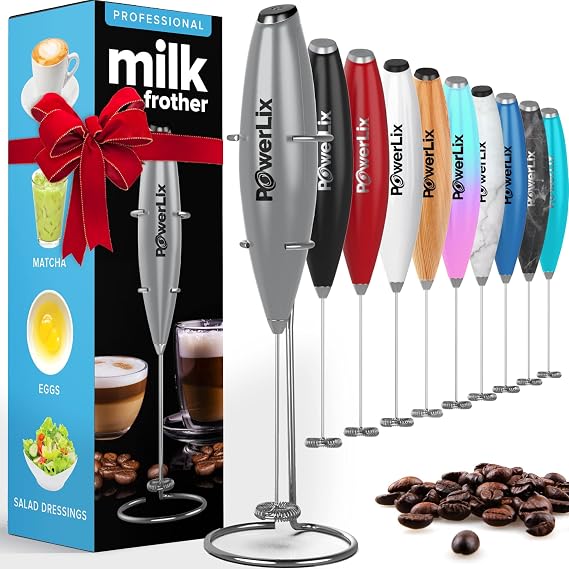 PowerLix Milk Frother Handheld Battery Operated Electric Whisk Beater Foam Maker Frother Wand For Coffee, Latte, Cappuccino, Hot Chocolate, Mini Drink Mixer (With Stand)(Silver)
