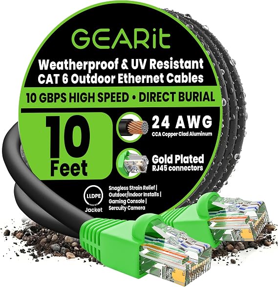 GEARit Cat 6 Ethernet Cable 10 Ft, Outdoor Direct Burial Cat6 Cord
