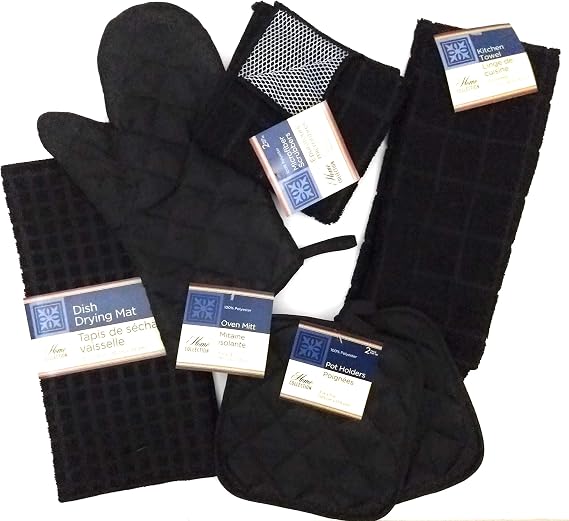 Kitchen Towel Set with 2 Quilted Pot Holders, Oven Mitt, Dish Towel, Dish Drying Mat, 2 Microfiber Scrubbing Dishcloths (Black)