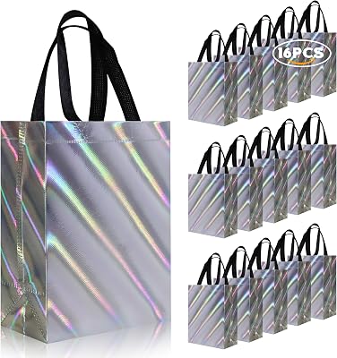 cabzymx 16 Pcs Twill LaserSmall Gift Bags Bulk, Silver Reusable Gift Bags with Bases, Unique Non-woven Goodie Bags for Valentines, Birthday, Wedding, Parties- 8 x 3.9 x 9.8 In