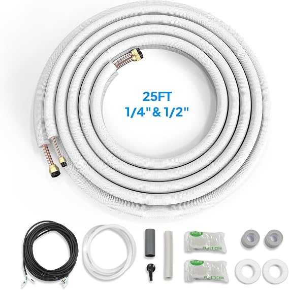 ROVSUN 25 Ft Mini Split Line Set, 1/4" & 1/2" O.D. Flared Copper Tubing Pipes and 3/8" Thickened PE Insulated Coil with Nuts & Kit for Mini Split Air Conditioner & Heat Pump System